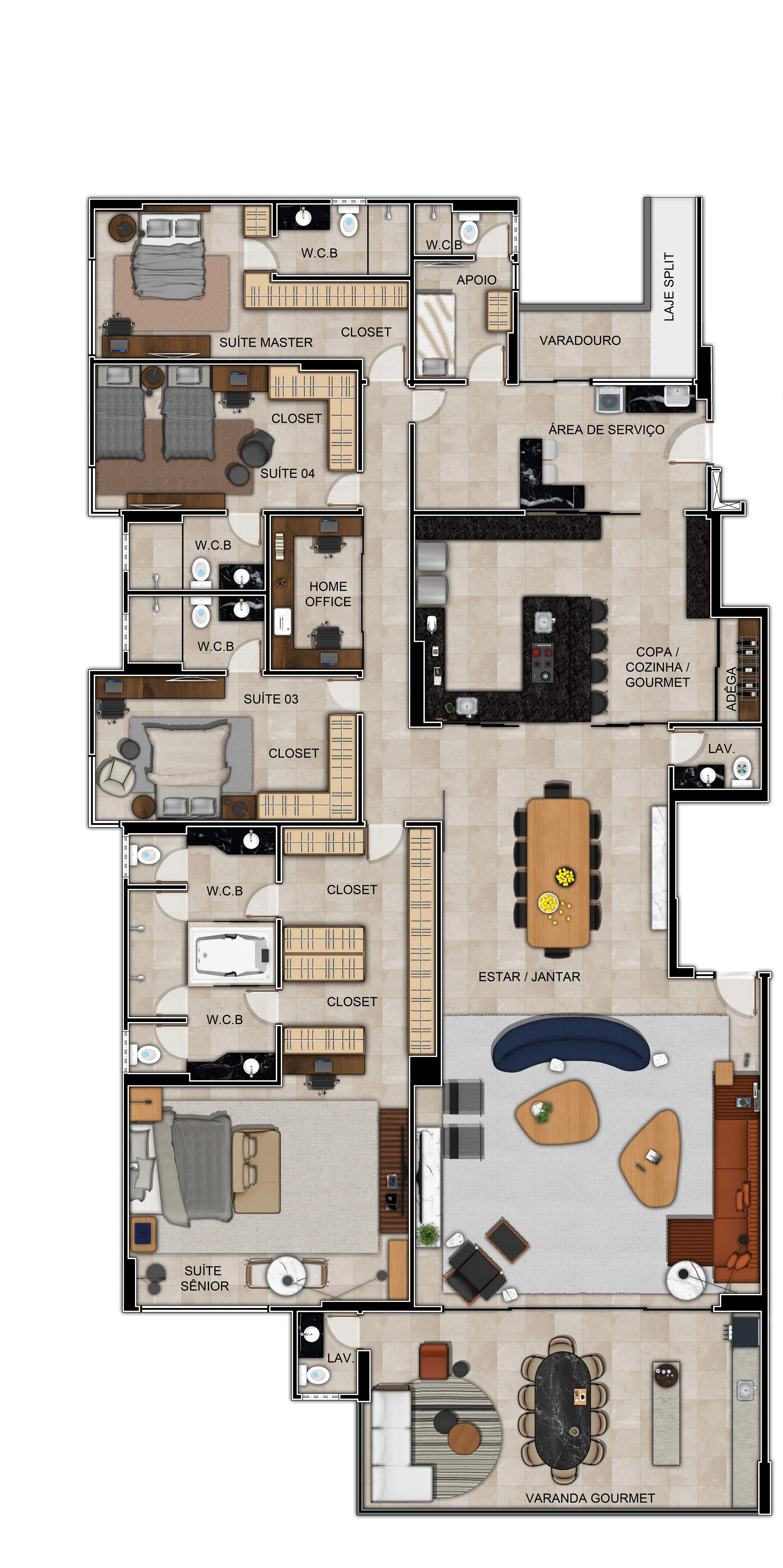 Planta baixa do apartamento da Torre Dijon — 385m², 4 suítes, varanda gourmet, home office e área de serviço completa
