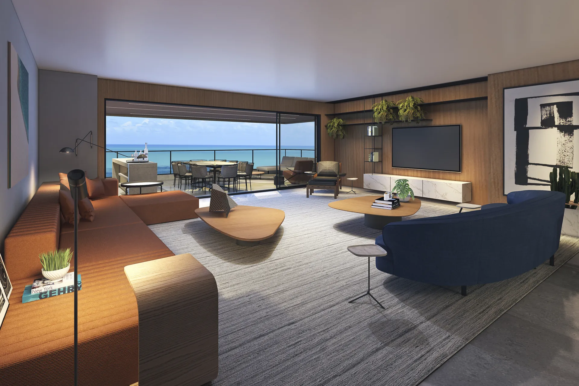 Sala de estar integrada à varanda com vista para o mar