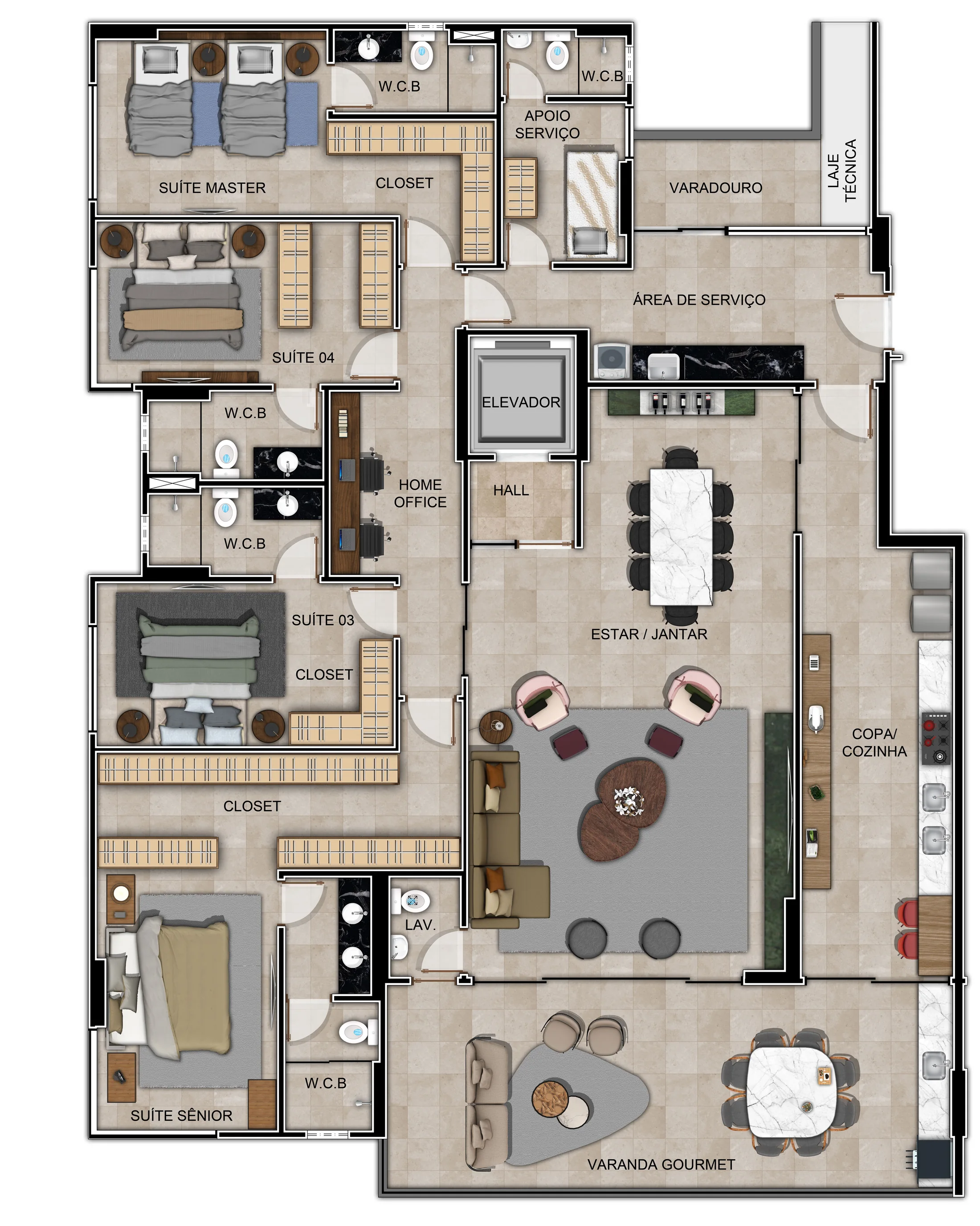 Planta baixa do apartamento da Torre Marseille — 278m², 4 suítes, varanda gourmet e home office