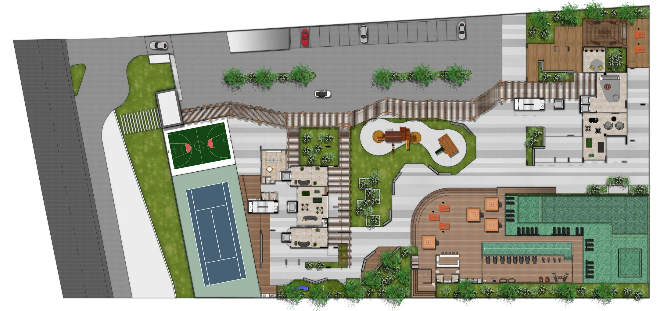 Implantação do lazer do Ville de France: quadra poliesportiva, quadra de tênis, playground, piscina, deck e espaços gourmet