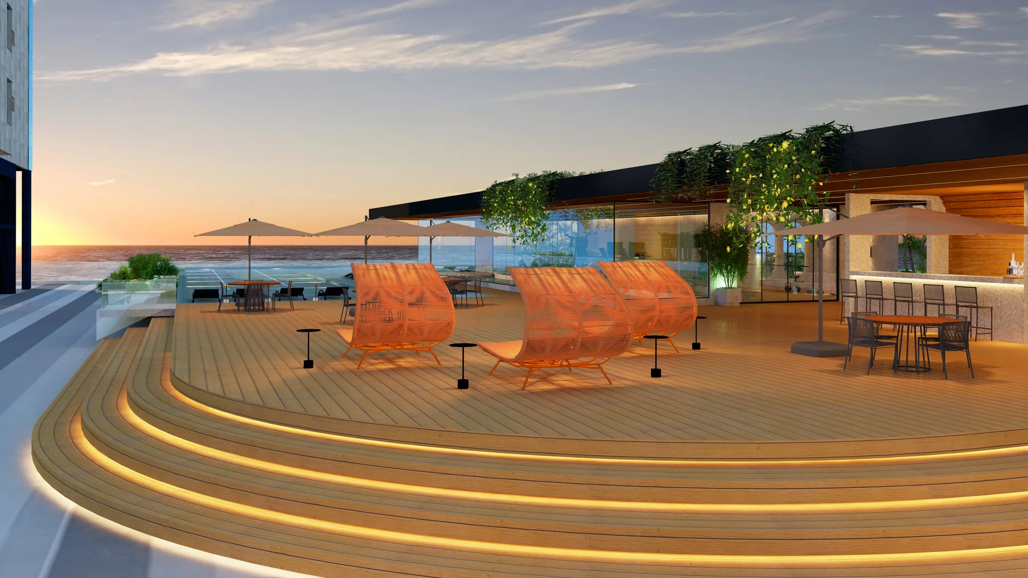 Piscina e deck com vista para o mar ao pôr do sol no Ville de France